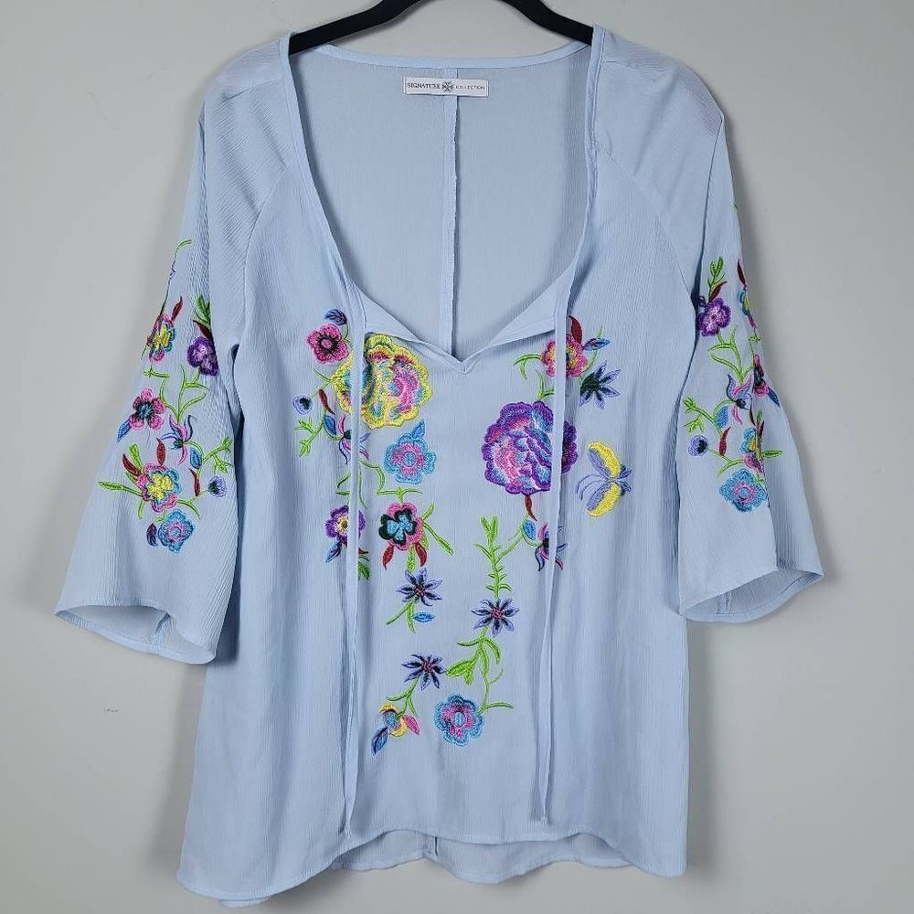 Signature Collection Womens Small Top Blue Embroidered Tie Neck 3/4 Sleeves Boho